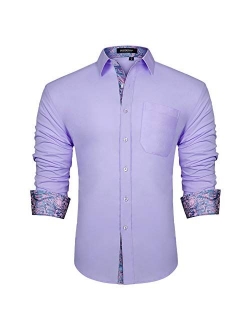 Men's Inner Contrast Casual Shirts Formal Classic Button Down Dress Shirt Long Sleeve Printed Collar Slim Fit