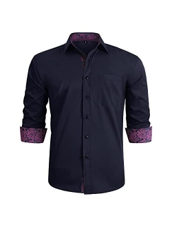 Men's Inner Contrast Casual Shirts Formal Classic Button Down Dress Shirt Long Sleeve Printed Collar Slim Fit