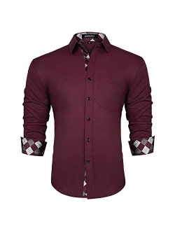 Men's Inner Contrast Casual Shirts Formal Classic Button Down Dress Shirt Long Sleeve Printed Collar Slim Fit