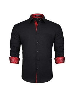 Men's Inner Contrast Casual Shirts Formal Classic Button Down Dress Shirt Long Sleeve Printed Collar Slim Fit