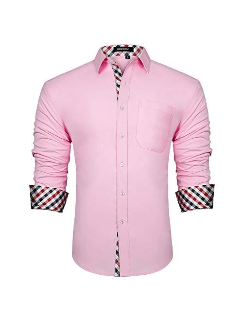 HISDERN Men's Inner Contrast Casual Shirts Formal Classic Button Down Dress Shirt Long Sleeve Printed Collar Slim Fit