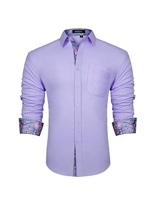 HISDERN Men's Inner Contrast Casual Shirts Formal Classic Button Down Dress Shirt Long Sleeve Printed Collar Slim Fit