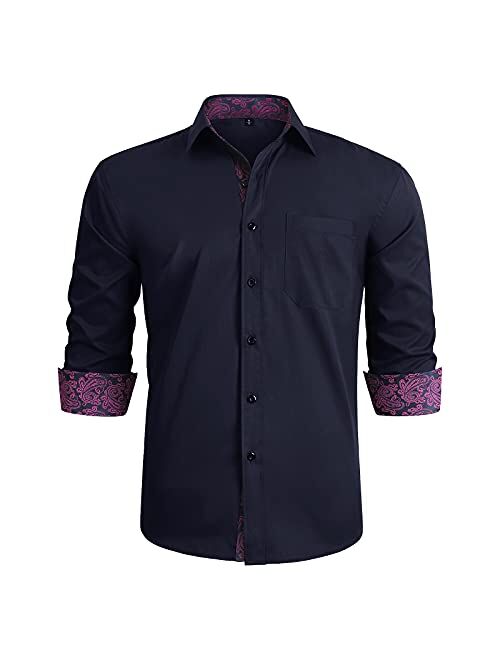 HISDERN Men's Inner Contrast Casual Shirts Formal Classic Button Down Dress Shirt Long Sleeve Printed Collar Slim Fit