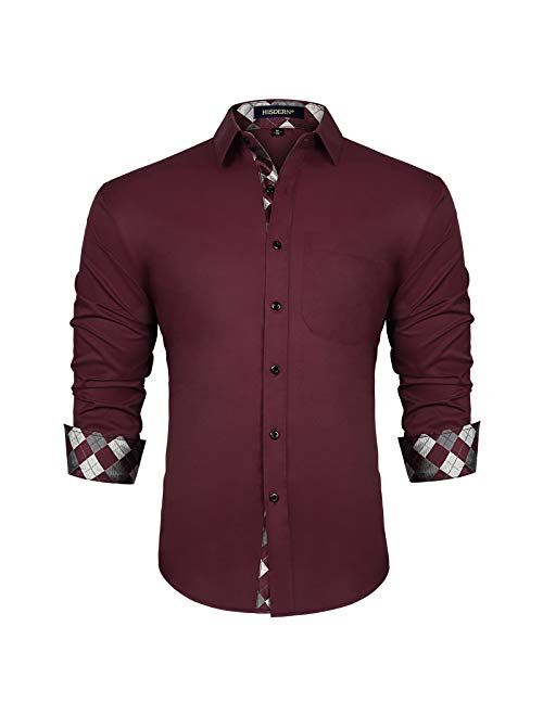 HISDERN Men's Inner Contrast Casual Shirts Formal Classic Button Down Dress Shirt Long Sleeve Printed Collar Slim Fit