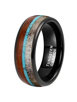 iTungsten 8mm Silver/Black/Rose Gold Tungsten Carbide Rings for Men Women Wedding Bands Whiskey Barrel Oak Wood Deer Antler Inlay Polished Shiny