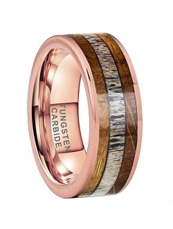 iTungsten 8mm Silver/Black/Rose Gold Tungsten Carbide Rings for Men Women Wedding Bands Whiskey Barrel Oak Wood Deer Antler Inlay Polished Shiny