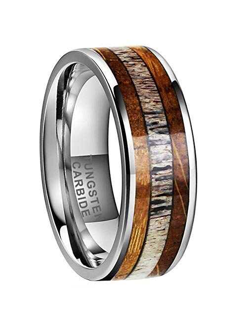 iTungsten 8mm Silver/Black/Rose Gold Tungsten Carbide Rings for Men Women Wedding Bands Whiskey Barrel Oak Wood Deer Antler Inlay Polished Shiny