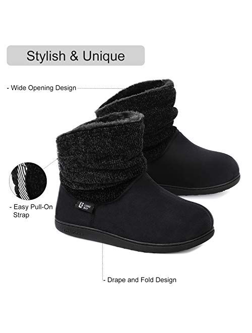 Longbay Women's Warm Chenille Knit Bootie Slippers Memory Foam Comfy Suede Fluffy Faux Fur Memory Foam Boots House Shoes