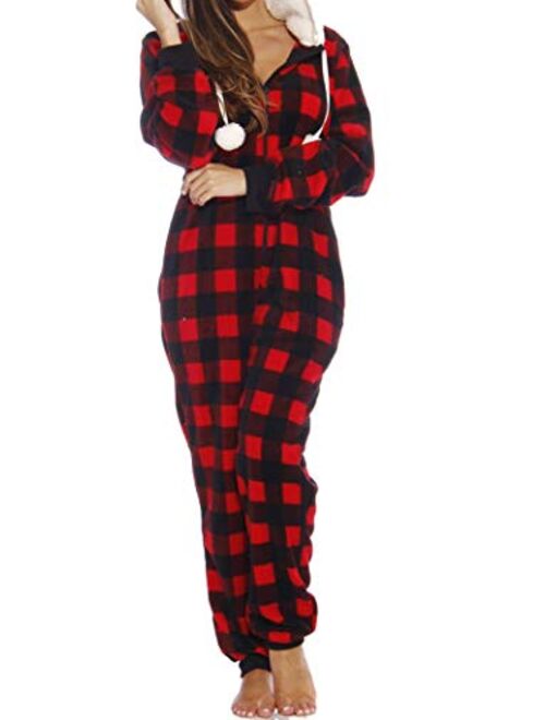 Just Love Buffalo Plaid Adult Onesie Sherpa Lined Hoody One Piece Pajamas