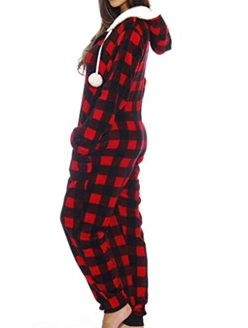 Just Love Buffalo Plaid Adult Onesie Sherpa Lined Hoody One Piece Pajamas