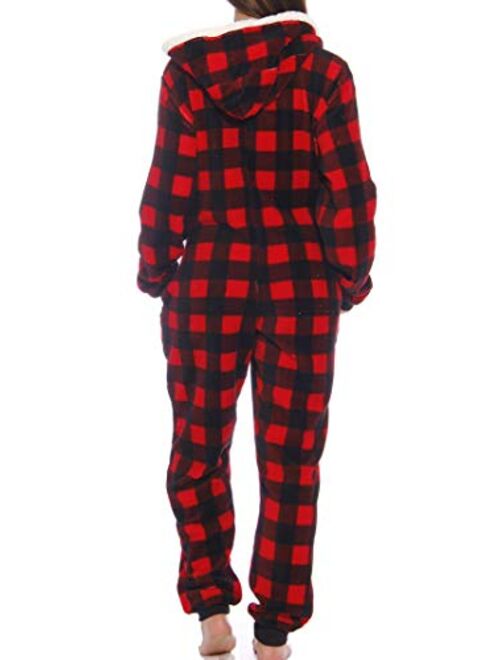 Just Love Buffalo Plaid Adult Onesie Sherpa Lined Hoody One Piece Pajamas