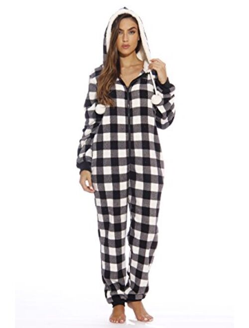 Just Love Buffalo Plaid Adult Onesie Sherpa Lined Hoody One Piece Pajamas