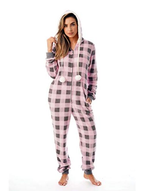 Just Love Buffalo Plaid Adult Onesie Sherpa Lined Hoody One Piece Pajamas