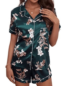 Women's Stain Floral Print Button Down Pajama Sets 2 Piece Short Sleeve Silk Sleepwear Set Pajama Set for Women