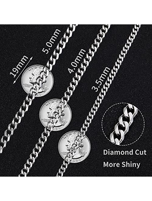 Fiusem 3.5mm Silver Chain for Men, Diamond Cut Stainless Steel Cuban Chain Necklace for Men Women, Mens Chain 16, 18, 20, 22, 24, 26, 28 Inch