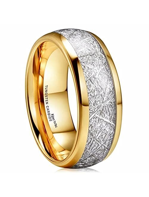 King Will 6mm/8mm Mens Tungsten Carbide Ring Imitated Meteorite Carbon Fiber Inlay Rings Silver/Gold Domed Engagement Band for Men Polished Comfort Fit