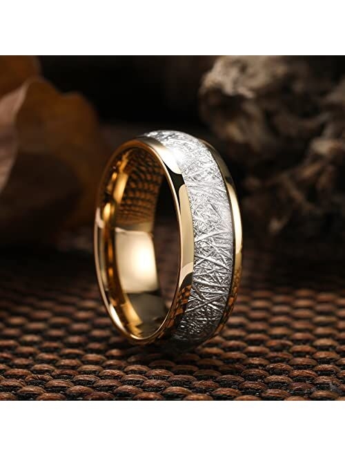 King Will 6mm/8mm Mens Tungsten Carbide Ring Imitated Meteorite Carbon Fiber Inlay Rings Silver/Gold Domed Engagement Band for Men Polished Comfort Fit