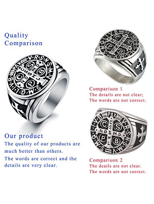 Laoyou Men's St Benedict Ring Stainless Steel Solid Heavy Rings Catholic Roman Cross Protection Christmas