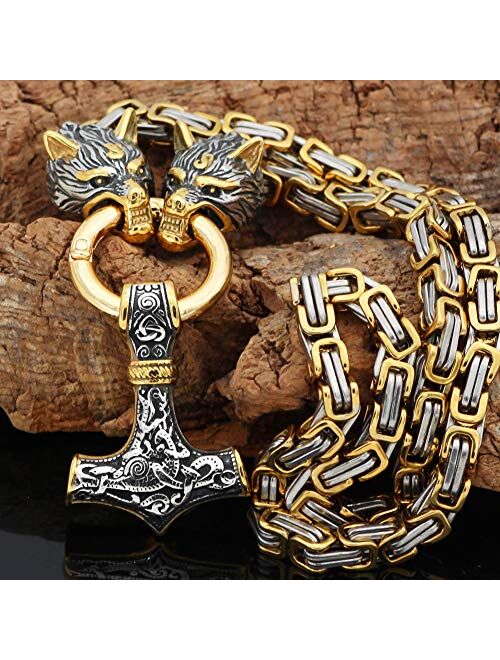 GuoShuang Men Wolf head norse viking amulet thor hammer pendant necklace -stainless steel king chain