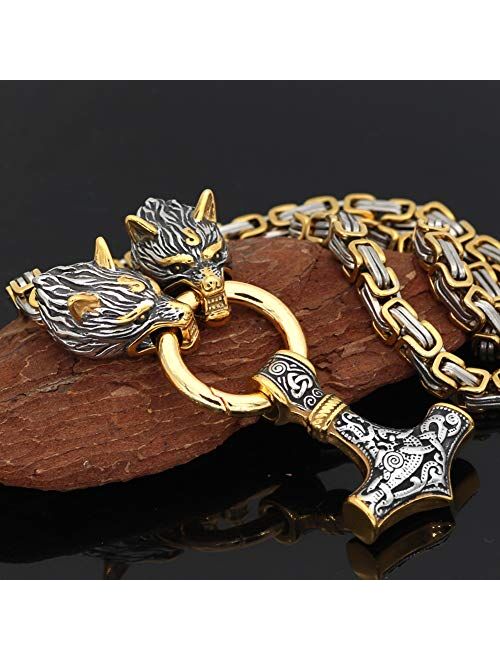 GuoShuang Men Wolf head norse viking amulet thor hammer pendant necklace -stainless steel king chain