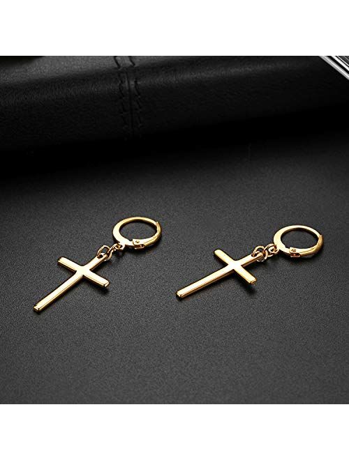 Dangle Stud Earrings,Flongo Men's Womens Stainless Steel Pearl Cross Dangle Hinged Stud Earrings,Piercing Christmas Cross Huggie Hoop Earrings Gift for Men Women Wedding 