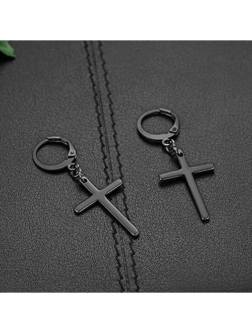 Dangle Stud Earrings,Flongo Men's Womens Stainless Steel Pearl Cross Dangle Hinged Stud Earrings,Piercing Christmas Cross Huggie Hoop Earrings Gift for Men Women Wedding 