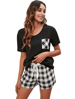 Women's Plaid Pajama Set Short Sleeve Tee and Tartan Shorts Sleepwear