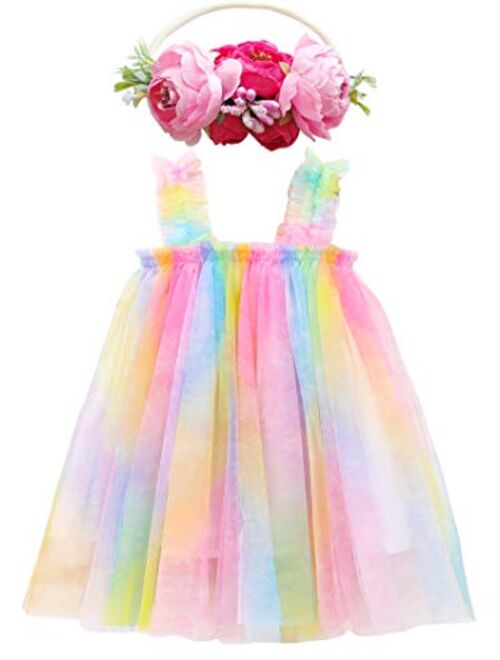 BGFKS Layered Tulle Tutu Dress for Toddler Girls,Baby Girl Rainbow Tutu Princess Skirt Set with Flower Headband.