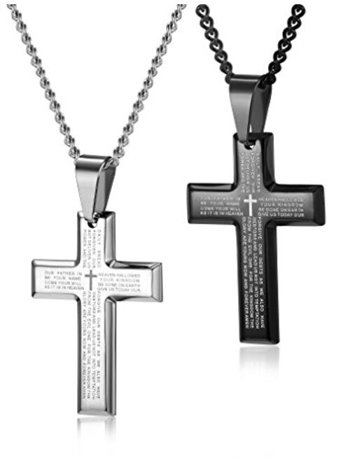 LOYALLOOK 2pcs Men's Stainless Steel Silver Black Tone Cross Pendant Lord's Prayer Necklace 24 Inch