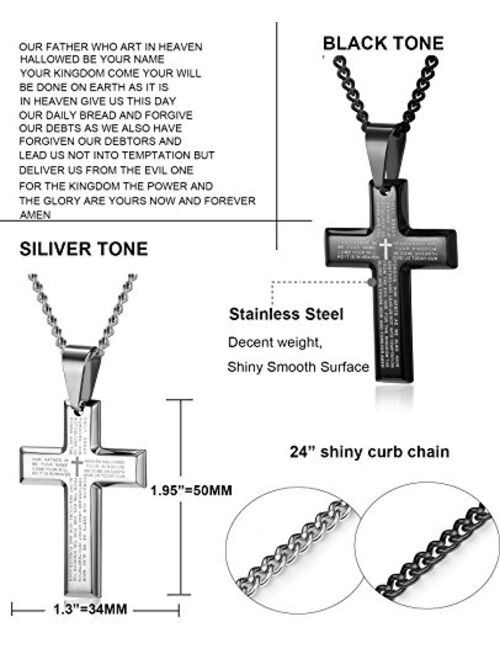 LOYALLOOK 2pcs Men's Stainless Steel Silver Black Tone Cross Pendant Lord's Prayer Necklace 24 Inch