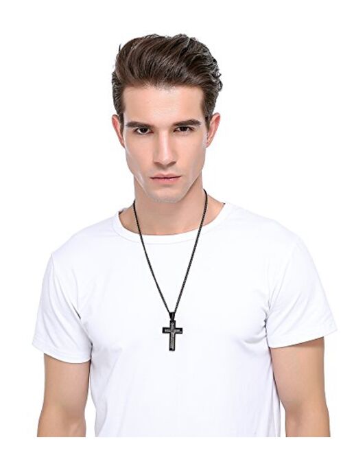 LOYALLOOK 2pcs Men's Stainless Steel Silver Black Tone Cross Pendant Lord's Prayer Necklace 24 Inch