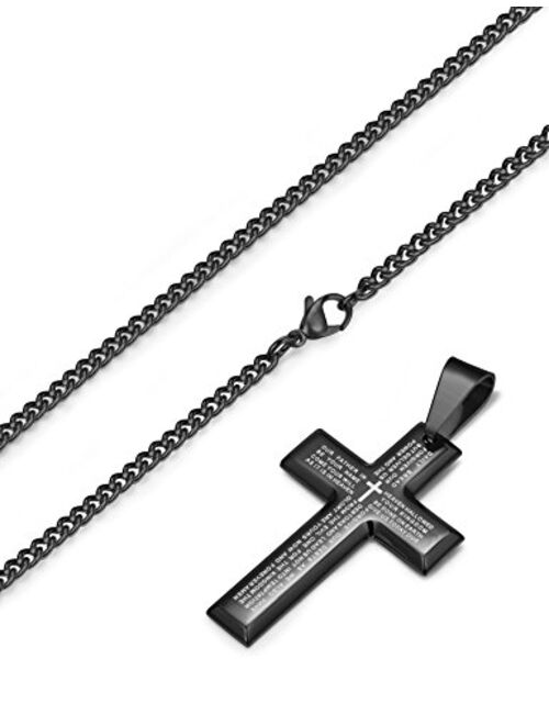 LOYALLOOK 2pcs Men's Stainless Steel Silver Black Tone Cross Pendant Lord's Prayer Necklace 24 Inch