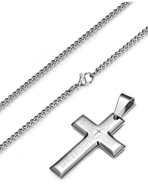 LOYALLOOK 2pcs Men's Stainless Steel Silver Black Tone Cross Pendant Lord's Prayer Necklace 24 Inch