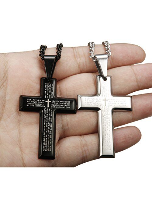 LOYALLOOK 2pcs Men's Stainless Steel Silver Black Tone Cross Pendant Lord's Prayer Necklace 24 Inch