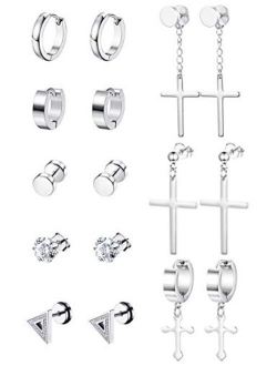 Thunaraz Stainless Steel Dangle Hinged Hoop Earrings for Men Women Huggie Drop Earrings 3-8Pairs