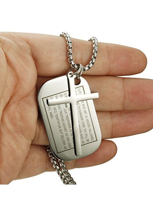 Jstyle Stainless Steel Dog Tags Cross Necklaces for Men Prayer Cross Necklace Military Rolo Chain 3mm 24 Inch Silver Bible Prayer