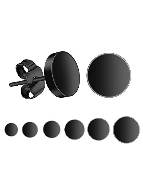 KWUNCCI Black Round Stud Earrings Set Stainless Steel Matte Black Ear Studs for Men Women 6 Pairs 3mm-8mm