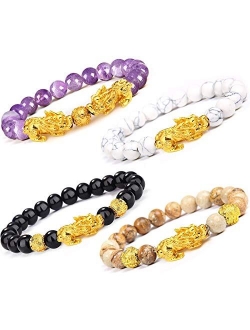 EIELO Feng Shui Pixiu Good Luck Bracelets for Men Women Natural Gemstone Healing Energy Obsidian Pi Yao Dragon Charm Beaded Bracelet Attach Wealth Money Jewelry