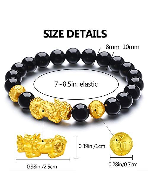 EIELO Feng Shui Pixiu Good Luck Bracelets for Men Women Natural Gemstone Healing Energy Obsidian Pi Yao Dragon Charm Beaded Bracelet Attach Wealth Money Jewelry