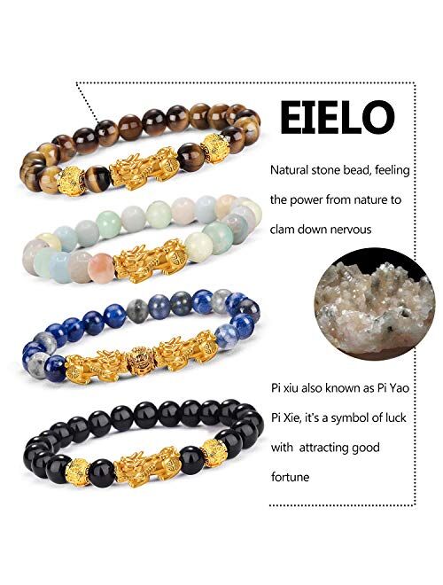 EIELO Feng Shui Pixiu Good Luck Bracelets for Men Women Natural Gemstone Healing Energy Obsidian Pi Yao Dragon Charm Beaded Bracelet Attach Wealth Money Jewelry