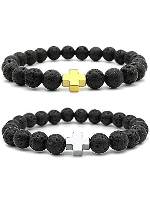 Gleamart 2 Pcs Lava Rock Stone Bead Bracelet Arrow Essential Oil Diffuser Volcanic Stone Bracelet for Men Women