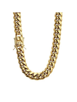 PY BLING Mens Heavy Miami Cuban Link Chain Choker 14k Gold Plated Hip Hop Thick Stainless Steel 8mm-16mm Necklace/Bracelet