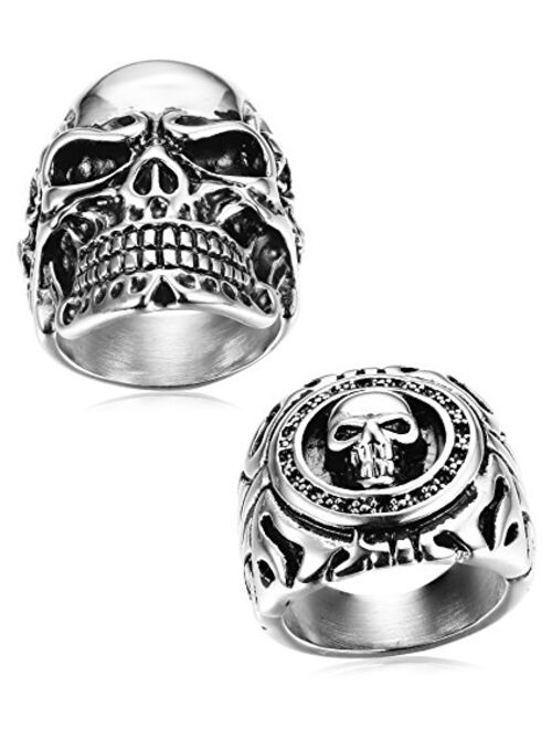 FUNRUN JEWELRY 2 PCS Stainless Steel Ring for Men Teens Skull Biker Ring