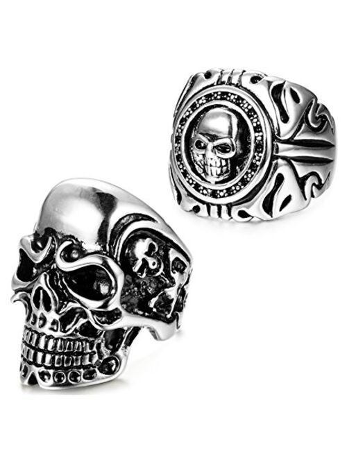 FUNRUN JEWELRY 2 PCS Stainless Steel Ring for Men Teens Skull Biker Ring