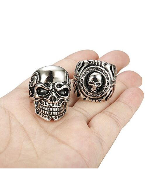 FUNRUN JEWELRY 2 PCS Stainless Steel Ring for Men Teens Skull Biker Ring