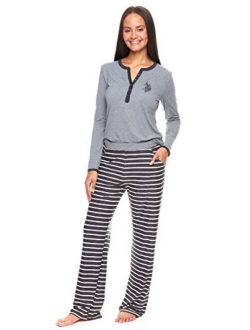 Womens Casual Long Sleeve Shirt and Pajama Pants Sleep Sleepwear Set