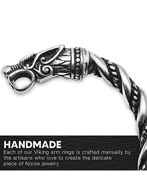 VikingsBrand Viking Bracelet for Men - Pagan Jewelry - Norse God Odin Wolf Heads Arm Rings