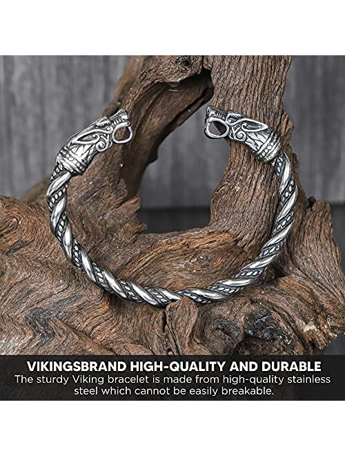 VikingsBrand Viking Bracelet for Men - Pagan Jewelry - Norse God Odin Wolf Heads Arm Rings