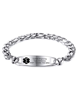 MOWOM Medical Alert Bracelet Custom Engraved, 6.5-8.7 Inches, Allergy Life Identification Name ID for Men Women Stainless Steel Chain Bracelets - (Bundle with Emergency C