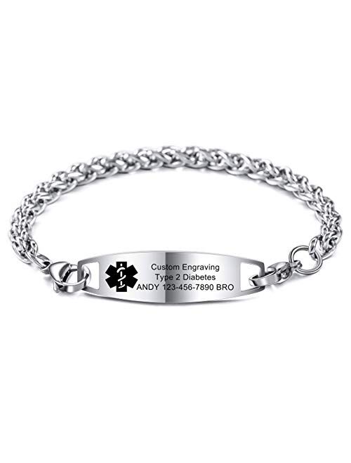 MOWOM Medical Alert Bracelet Custom Engraved, 6.5-8.7 Inches, Allergy Life Identification Name ID for Men Women Stainless Steel Chain Bracelets - (Bundle with Emergency C